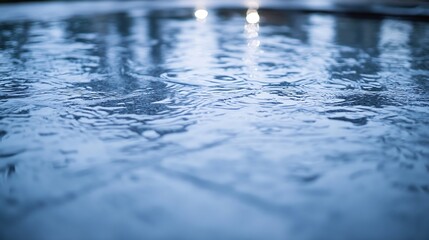 Aufkleber - Raindrops on a smooth water surface reflecting light creating a calm and peaceful ambiance during rain : Generative AI