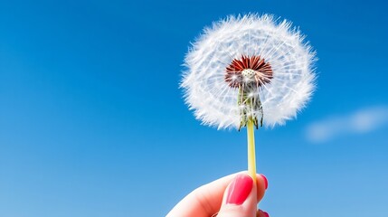 Poster - Delicate Dandelion Seed Head in Hand Against a Clear Blue Sky on a Sunny Day : Generative AI