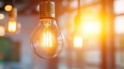 Poster - Vintage Style Light Bulb Glowing Warmly in a Modern Setting with Soft Focus Background : Generative AI
