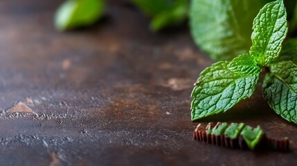 Poster - Fresh Mint Leaves on Rustic Wood Surface with Chocolate Bar Pieces in a Natural and Delicious Display : Generative AI