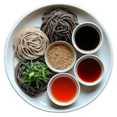 Wall Mural - Delicious plate of noodles with dipping sauces and sesame seeds, featuring soba and black noodles, garnished with green herbs. Perfect for flavorful meal