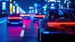 © Planetz - A vibrant city scene at night featuring sleek, illuminated cars driving down a glowing street with colorful light reflections.