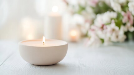 Fototapete - Calming White Candle on Rustic Table Surrounded by Soft Floral Accents for a Serene Atmosphere : Generative AI