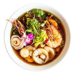 Wall Mural - Delicious seafood soup with shrimp, scallops, and fresh herbs, garnished with vibrant flowers, creating colorful and appetizing dish