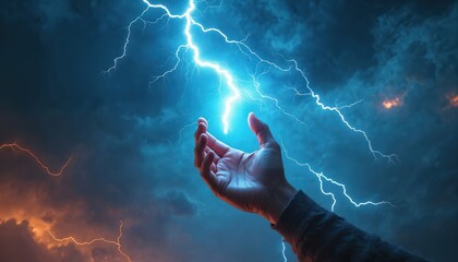 Wall Mural - hand holds bright lightning bolt against stormy blue sky. concept of power, energy, god-like strengt