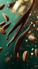 Wall Mural - Vanilla pods and falling beans in dynamic motion against green background