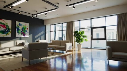 Aufkleber - Sunlight illuminates a stylish and modern office lounge area with comfortable seating, abstract art, and large windows, creating a welcoming atmosphere for work and relaxation