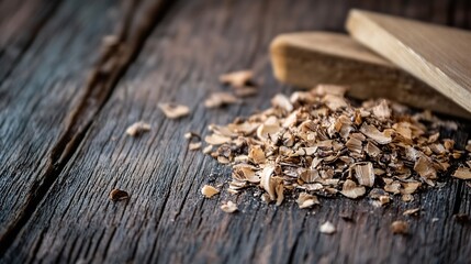 Aufkleber - Closeup View of Fine Wood Shavings on Rustic Wooden Table Surrounded by Natural Grain Texture : Generative AI