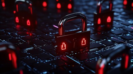 Fototapete - Digital concept of network security with glowing padlocks over a circuit board background : Generative AI