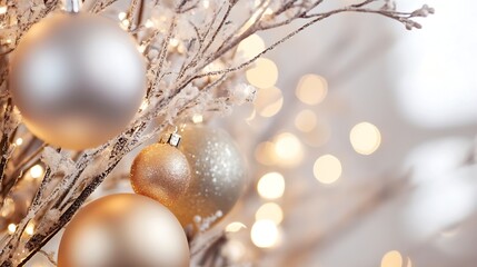 Aufkleber - Elegant and Festive Christmas Ornaments Hanging on Frosty Tree Branches with Warm Bokeh Lights : Generative AI