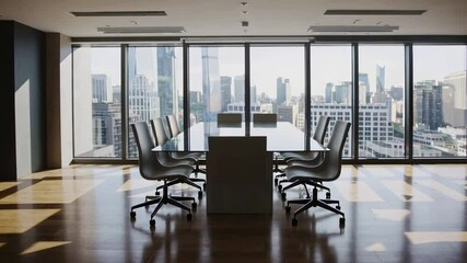 Poster - Sunlight gradually illuminates an empty meeting room on a high floor of a skyscraper with a view of the city through large windows in a slow motion time lapse