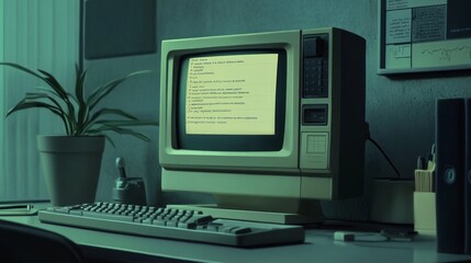 Retro Computer Setup, Vintage Tech, Old-School Office Workspace, Detailed Image of a Classic Desk, Minimalist Design