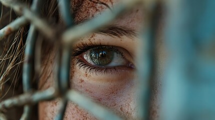 Aufkleber - Close up of striking green eye peering through metal fence conveying emotion and mystery : Generative AI