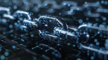 Poster - A close up view of digital chain links emphasizes the importance of connectivity and security in technology, highlighted by shimmering blue lights in a dark setting.