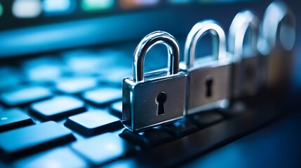 Leinwandbilder - Closeup of metallic padlocks on a keyboard symbolizing security and data protection in digital age : Generative AI