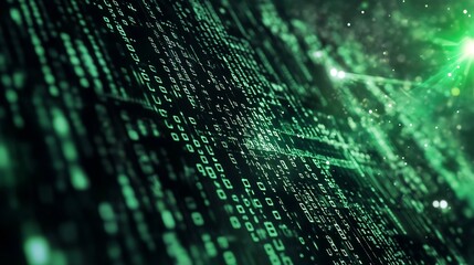 Fototapete - Green binary code background with glowing particles and a futuristic digital landscape : Generative AI