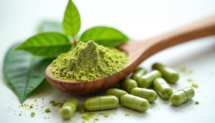 Moringa powder on wooden spoon, supplements pills, green leaves. Healthy nutritious boost daily wellness routine. Herbal dietary product, alternative medicine, promoting immunity, rich in