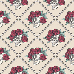 Wall Mural - Seamless pattern with hand drawn human skulls in rose flowers wreath inside trellis. Halloween floral repeat background. Day of dead wrapping design.