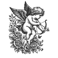 Wall Mural - Cupid, the winged cherub, drawing his bow with a heart-tipped arrow, symbolizing love, romance, and mythology sketch engraving generative ai raster illustration. Scratch board. Black and white image.