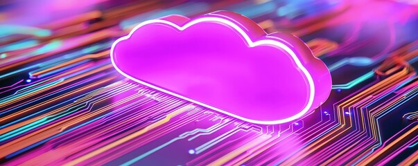 A vibrant cloud icon glows on a digital circuit board, representing cloud computing and technology in a modern, colorful design.
