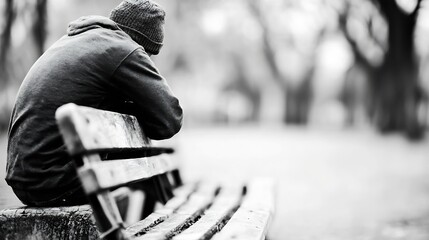 Aufkleber - Lonely figure sitting on a park bench in black and white capturing moments of solitude and reflection : Generative AI