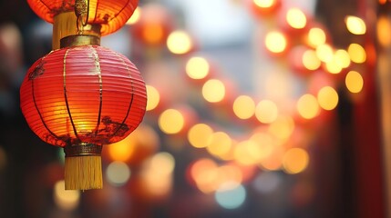 Poster - Traditional Chinese lanterns glowing warmly in a festive setting with blurred lights in the background : Generative AI