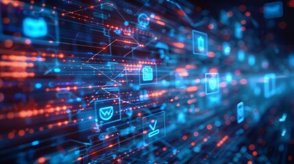 Aufkleber - A vibrant digital ecosystem is illuminated with interconnected icons and streams of data. The atmosphere reflects advanced technology and innovation, captivating the viewer's attention.