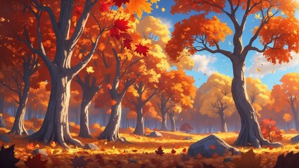 Wall Mural - vibrant autumn landscape showcasing colorful trees and fallen leaves in a serene forest setting