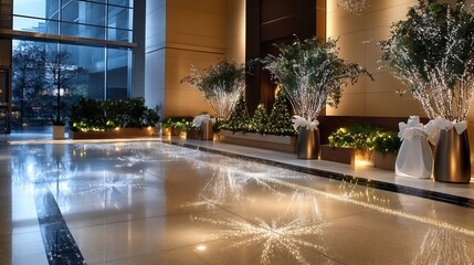 Poster - Beautifully decorated hotel lobby with festive lights plants and elegant holiday design : Generative AI