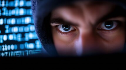 Aufkleber - Intense closeup of a hacker's focused eyes using a computer and navigating through digital code : Generative AI