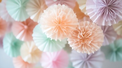 Poster - Colorful Paper Pom Poms Hanging from the Ceiling for a Festive Party Decoration : Generative AI