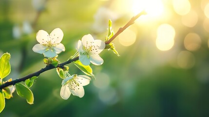 Poster - Blossoming cherry tree flowers glimmering in the sunlight with a soft bokeh effect : Generative AI