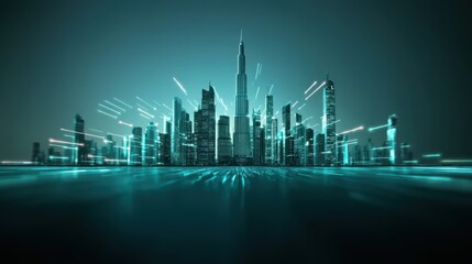 Wall Mural - a futuristic cityscape with towering skyscrapers illuminated by pulsating neon grids, flying vehicle