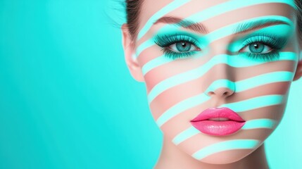 Wall Mural - a close up portrait of a woman with vibrant makeup, her face illuminated by a grid of neon lines, cr