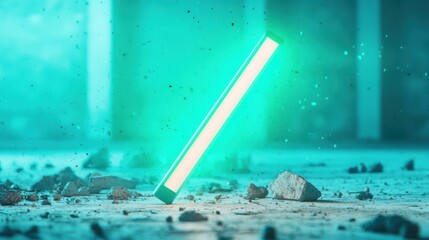 Wall Mural - a single, flickering fluorescent tube casting an eerie, green light on a dusty, abandoned warehouse,