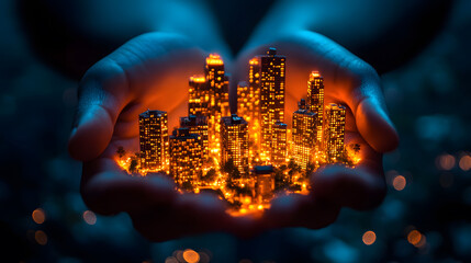 Fototapete - A pair of hands cradles a glowing cityscape, symbolizing care and creativity in urban development