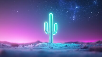 Wall Mural - a lone cactus in the desert, its spiky exterior outlined in glowing neon green, contrasting sharply 