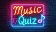 © Vadym - Bright neon sign on dark brick wall. Music Quiz concept with notes and equalizer icon. Glowing blue and pink colors attract attention, entertainment theme. Perfect for nightclubs, bars or events.