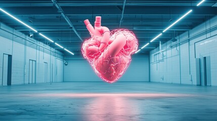 Wall Mural - a large scale neon sculpture in the shape of a human heart, its intricate network of tubes pulsing w