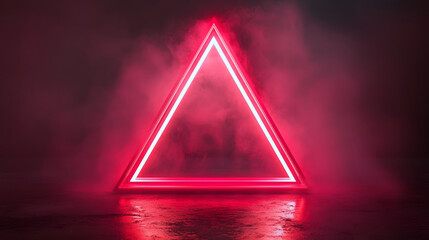 Fototapete - A glowing red neon triangle illuminated in a foggy atmosphere, creating a striking visual impact