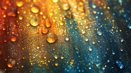 Fototapete - A vibrant close-up of colorful water droplets on a surface, showcasing a blend of orange and blue hues in a mesmerizing pattern