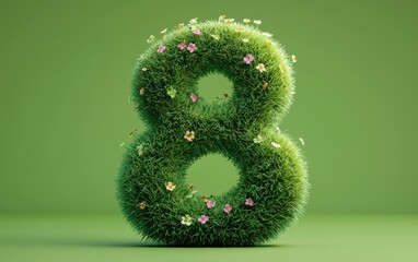 Sticker - Lush grass-covered number 8 with tiny flowers on a bright spring green background for 8 March International Womens Day