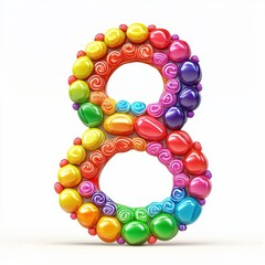 Sticker - Number 8 created with colorful gummy candies and lollipops on a bright white background for 8 March International Womens Day