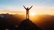 © Generative AI - Silhouette of Adventurer on Mountain Peak Against Stunning Sunset Horizon : Generative AI