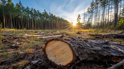 Fototapete - Beautiful sunset shining through trees in a forest showcasing a freshly cut tree stump : Generative AI