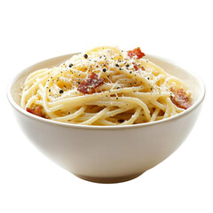 Wall Mural - Creamy spaghetti pasta with cheese and black pepper in white bowl, showcasing delicious Italian dish that evokes comfort and satisfaction