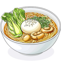 Wall Mural - Delicious bowl of ramen with noodles, vegetables, tofu, and mushrooms, garnished with sesame seeds, perfect for comforting meal