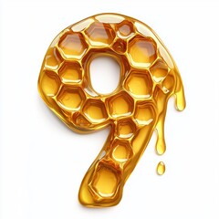 Wall Mural - Number 9 made of dripping golden honey with tiny honeycomb details isolated on a clean white background