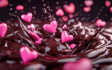 Wall Mural - Rich dark cocoa explosion with neon pink heart splashes frozen in motion for 8 March International Womens Day