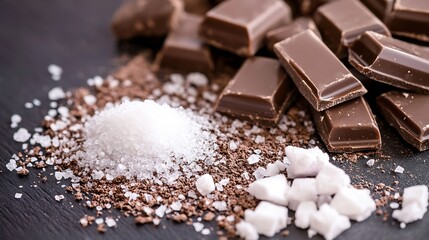 Aufkleber - Rich and decadent dark chocolate pieces with granulated sugar and cocoa surroundings on slate surface : Generative AI